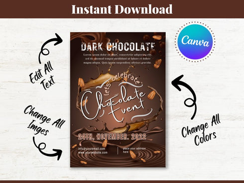 Chocolate Event Flyer Template, Editable Dessert Festival Poster, Cocoa & Sweets Promotion Flyer, Canva Instant Download, Food Event Marketing