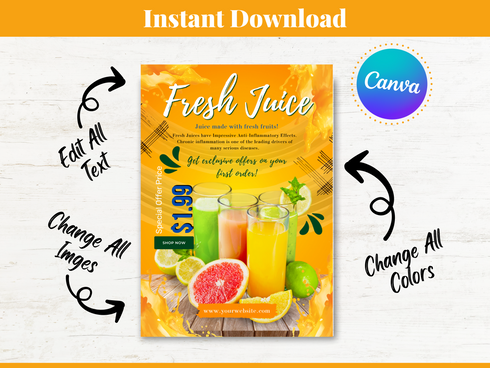 Fresh Juice Flyer Template, Editable Drink Flyer, Printable Juice Bar Promotion, Healthy Beverage Marketing Pdf, Fresh Juice, Drink Flyer