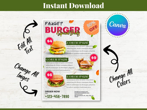 Burger Deals Flyer Template, Editable Food Flyer, Printable Burger Sale Promotion, Fast Food Marketing Pdf, Burger Flyer