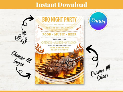 BBQ Night Party Flyer, DIY Canva BBQ Night Flyer Template, Editable Social Media Flyer Template for Barbecue Night, BBQ Party Flyer