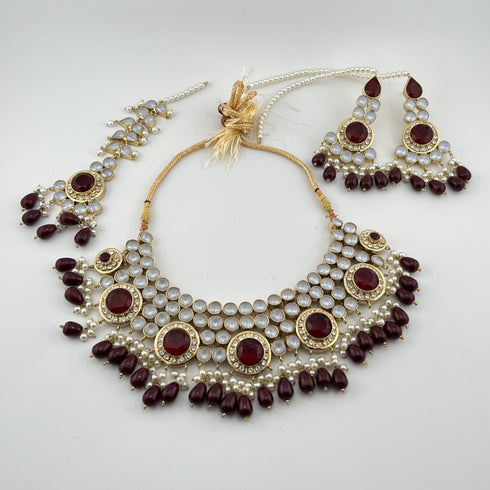 Gold Plated Kundan Bridal Jewelry Set | Maroon Necklace Set | Pearl Wedding Jewelry | Indian Bridal Set | Pakistani Jewelry