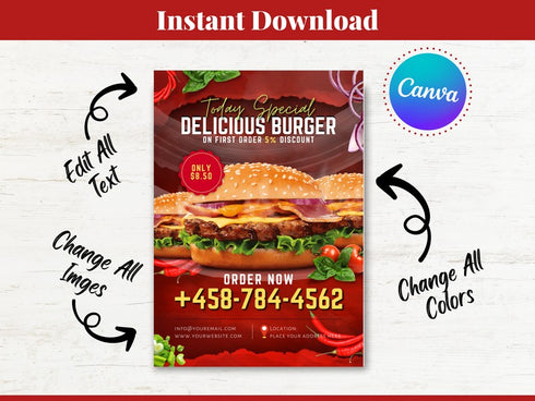 Delicious Burger Flyer, Editable Food Flyer, Printable Restaurant Promotion, Burger Sale, Fast Food Menu Marketing, Burger Flyer