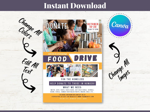 Editable Food Drive Flyer Template, Homeless Drive Flyer, Food Flyer Template, Nonprofit Charity Donation Event, Feed The Poor