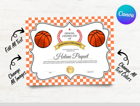 Basketball Certificate Template, Editable Canva Award, Printable Sports Certificate, Kids Team Achievement & Participation Award