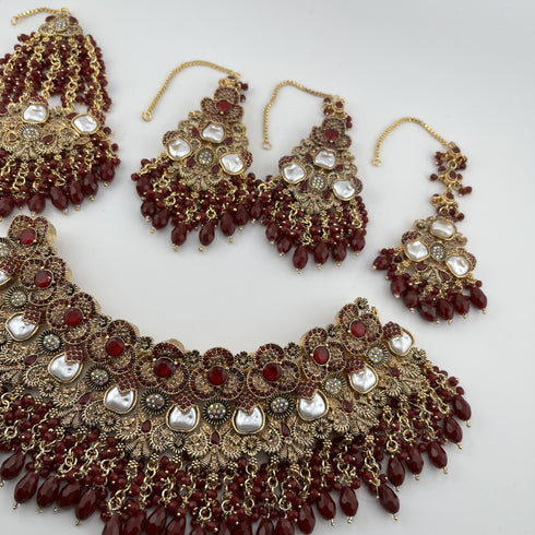 Gold Plated Bridal Jewelry Set | Maroon Kundan Necklace Set | Bridal Set | Pearl Wedding Jewelry | Indian Choker Set (Copy)