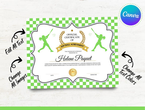 Softball Certificate Template, Editable Canva Award, Printable Sports Certificate, Kids Softball Achievement & Team Award