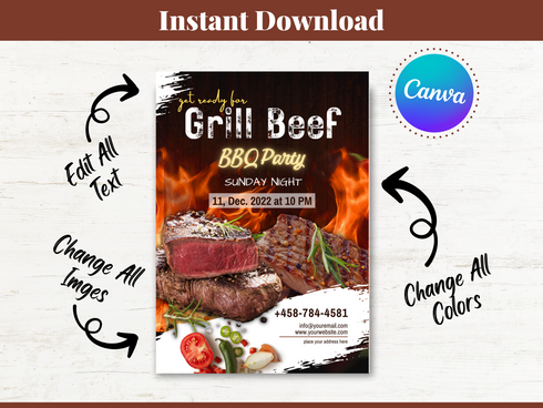 Grill Beef BBQ Party Flyer Editable Canva Template Summer Cookout Invitation Food Event Poster Barbecue Party Digital Download
