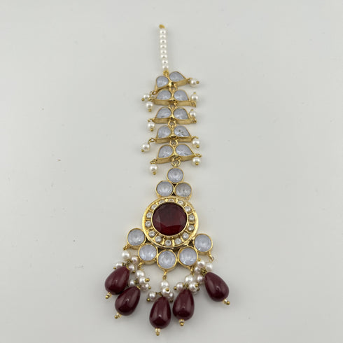 Gold Plated Kundan Bridal Jewelry Set | Maroon Necklace Set | Pearl Wedding Jewelry | Indian Bridal Set | Pakistani Jewelry