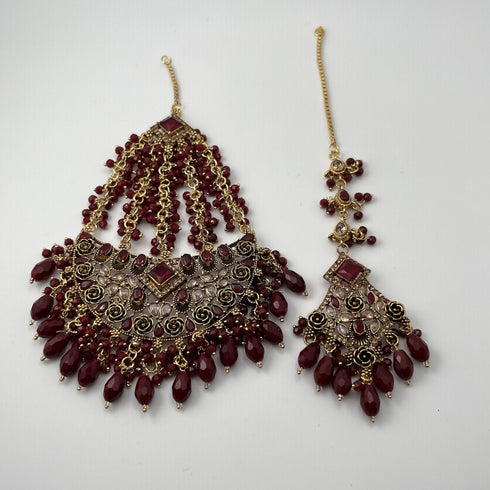 Gold Plated Bridal Jewelry Set | Maroon Kundan Necklace Set | Bridal Set | Pearl Wedding Jewelry | Indian Choker Set (Copy)