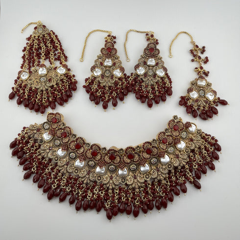 Gold Plated Bridal Jewelry Set | Maroon Kundan Necklace Set | Bridal Set | Pearl Wedding Jewelry | Indian Choker Set