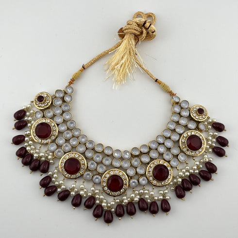Gold Plated Kundan Bridal Jewelry Set | Maroon Necklace Set | Pearl Wedding Jewelry | Indian Bridal Set | Pakistani Jewelry