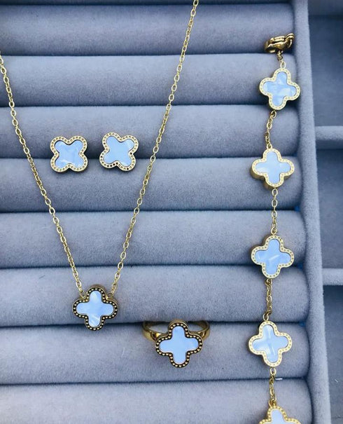 Elegant Whitw Clover Stainless Steel Set | Premium Gold Plated Necklace Bracelet Ring Gift for Her | Ring Set Women | Clover Necklace
