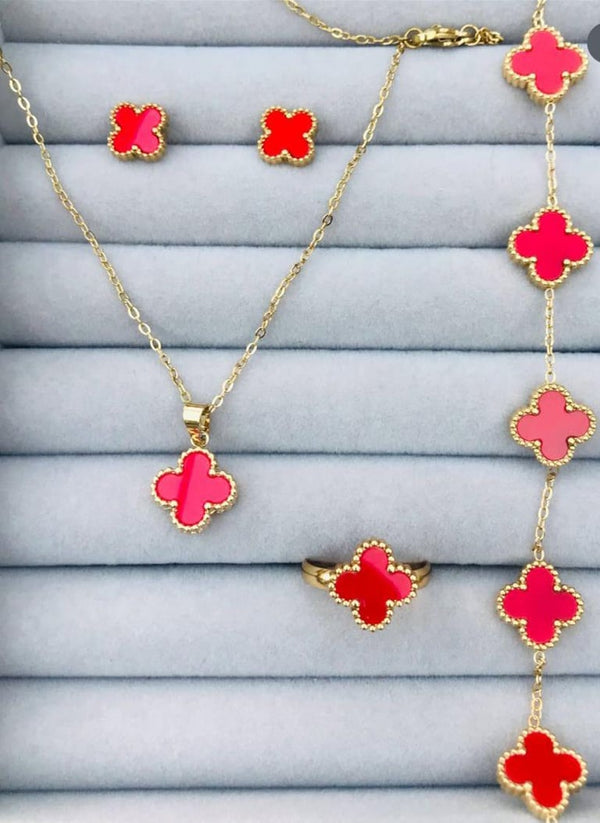 Red Clover Gold Plated Jewelry Set | Stainless Steel Premium Necklace Bracelet and Ring | Elegant Lucky Charm Gift for Her | Ring Set