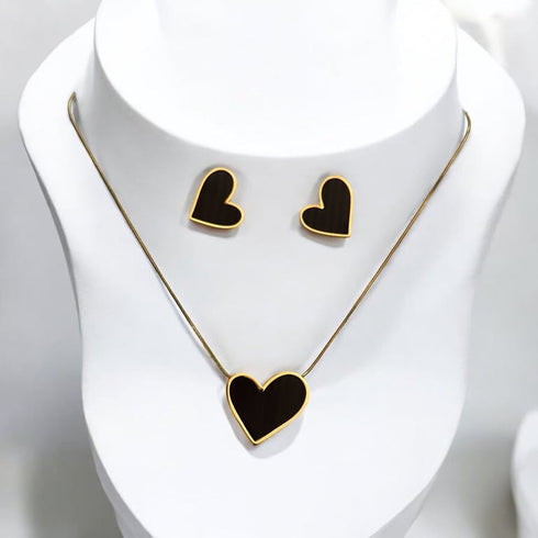 Gold Plated Bow and Heart Jewelry Set | Stainless Steel Premium Necklace and Earrings | Elegant Romantic Gift for Women | Gold Jewelry Set