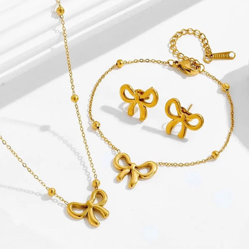 Gold Plated Bow Jewelry Set | Stainless Steel Premium Necklace Bracelet and Earrings | Elegant Dainty Gift for Women | Cute Jewelry, Elegant Set