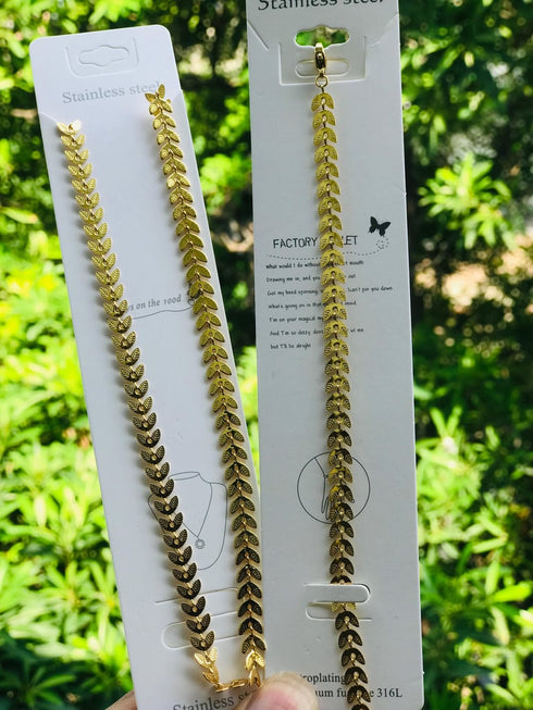 Premium Stainless Steel Leaf Chain Set | Gold Plated Wheat Necklace Bracelet | Trendy Statement Jewelry | Gift for Women | Fashion Set