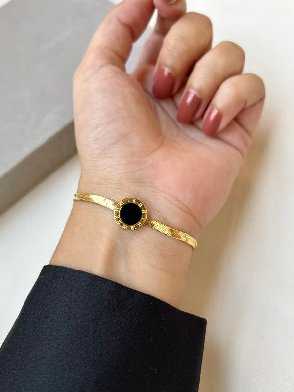 Golden Roman Numeral Bracelet | Black Stone Bracelet | Premium Stainless Steel Bracelet | Luxury Minimal Bracelet | Adjustable Women Jewelry