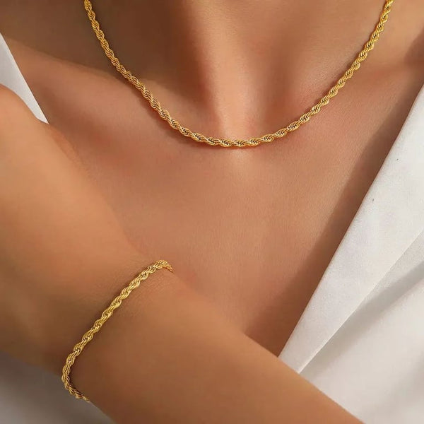 Premium Stainless Steel Rope Chain Set | Gold Plated Twist Necklace Bracelet | Minimal Chain Jewelry | Layering Gift for Women