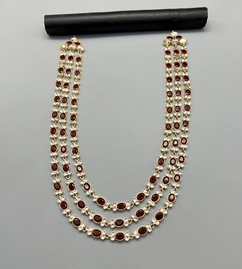 Elegant Kundan Mala Set Mahroon Stones Necklace with Zircon and Gold Plating | Wedding & Festive Jewelry Set | Gold Plating Long Mala Sets