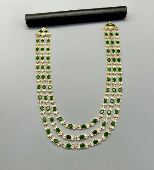 Furshi Kundan Green Stone Mala Necklace | Gold Plated Zircon Jewelry | Bridal Wedding & Festive Traditional Necklace Set | Best Selling Mala