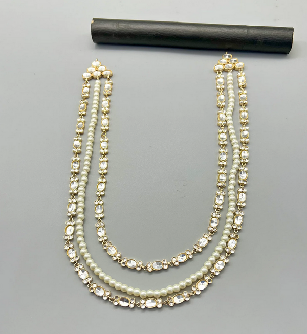 Furshi Kundan White Stones & White Pearls Double Layer Gold Plated Mala Set