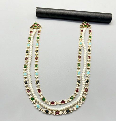 Furshi Kundan Multi Stones & White Pearls Double Layer Gold Plated Mala Set
