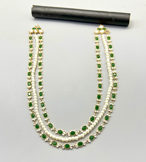 Furshi Kundan Green Stones & White Pearls Double Layer Gold Plated Mala Set