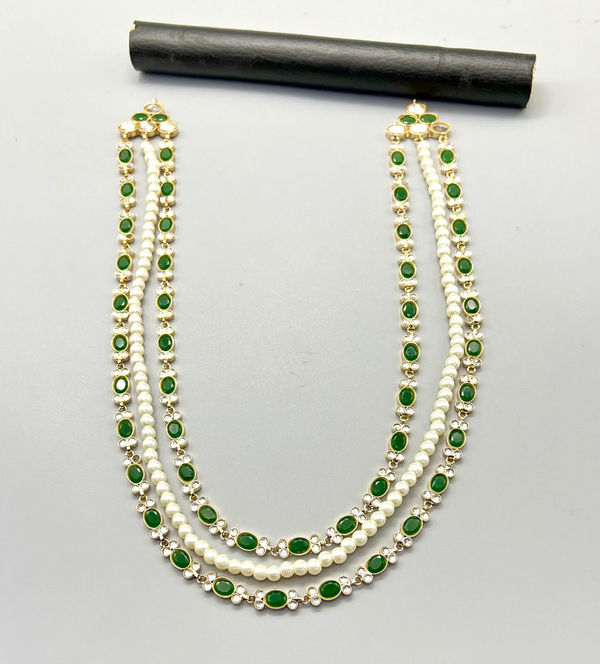 Furshi Kundan Green Stones & White Pearls Double Layer Gold Plated Mala Set