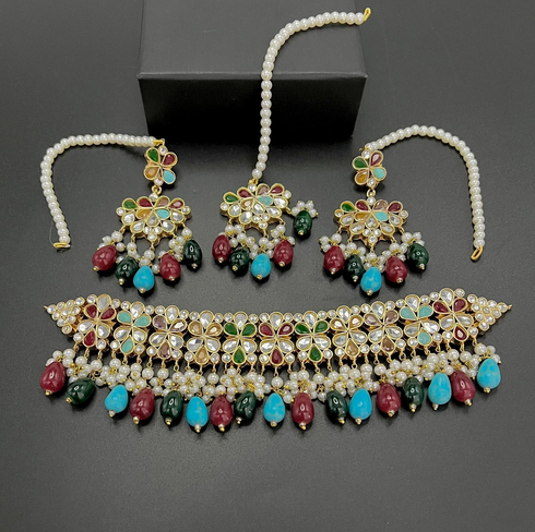 Furshi Kundan Gold Plated Choker Set with Real Stones