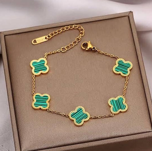 Premium Green Clover Bracelet, Stainless Steel Clover Bracelet, Luxury Clover Charm Bracelet, Premium Steel Women Bracelet, Golden Jewelry