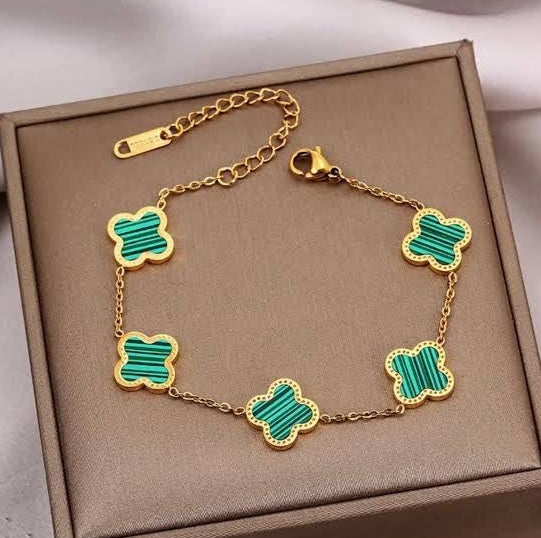 Premium Green Clover Bracelet, Stainless Steel Clover Bracelet, Luxury Clover Charm Bracelet, Premium Steel Women Bracelet, Golden Jewelry