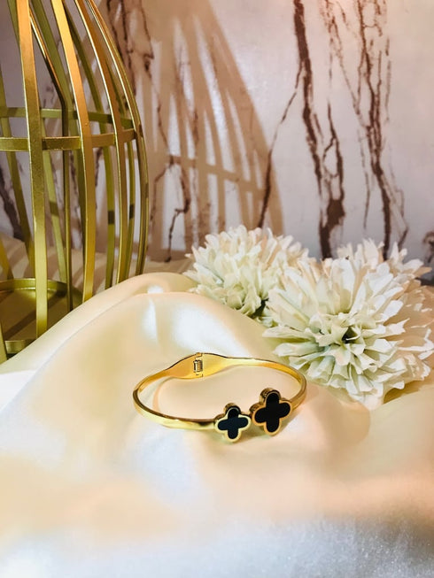Premium Stainless Steel Double Clover Handcuff | Golden Black Bracelet | Premium Women Luxury Bangle | Clover Bracelet | Black Gold Bangle