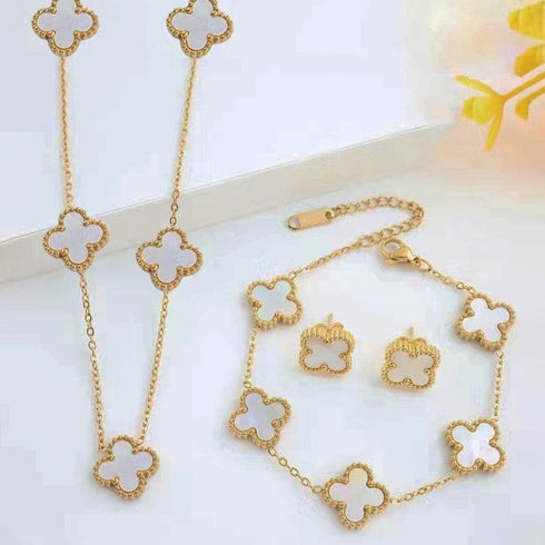 White Clover Gold Plated Jewelry Set | Stainless Steel Premium Necklace Bracelet | Earrings Elegant Lucky Charm Gift | Gold Plated Jewelry