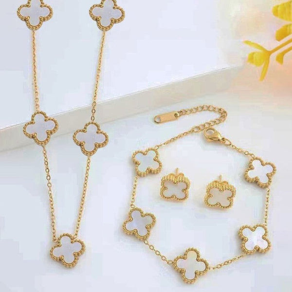White Clover Gold Plated Jewelry Set | Stainless Steel Premium Necklace Bracelet | Earrings Elegant Lucky Charm Gift | Gold Plated Jewelry