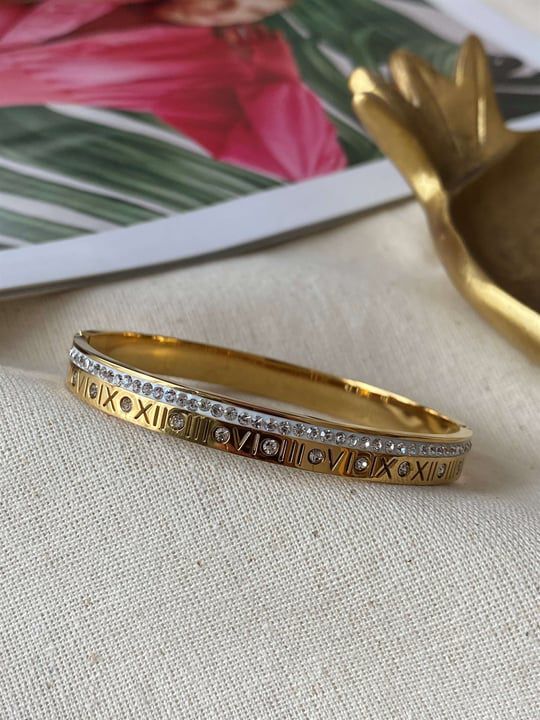 Premium Stainless Steel Roman Numeral Handcuff | Golden Stone Bracelet | Premium Designer Bangle for Women | Modern Bracelet | Jewelry