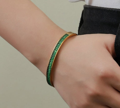 Premium Stainless Steel Green Stone Handcuff | Golden Slim Zircon Bracelet | Premium Designer Cuff for Women | Modern Jewelry | Luxury