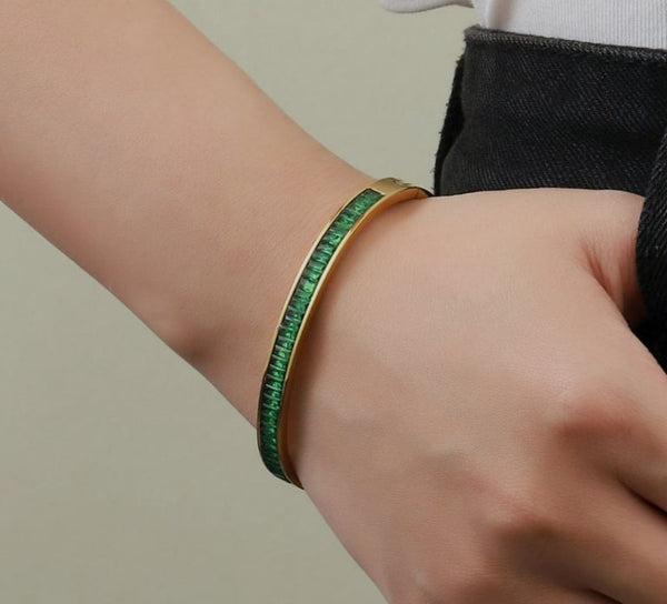 Premium Stainless Steel Green Stone Handcuff | Golden Slim Zircon Bracelet | Premium Designer Cuff for Women | Modern Jewelry | Luxury