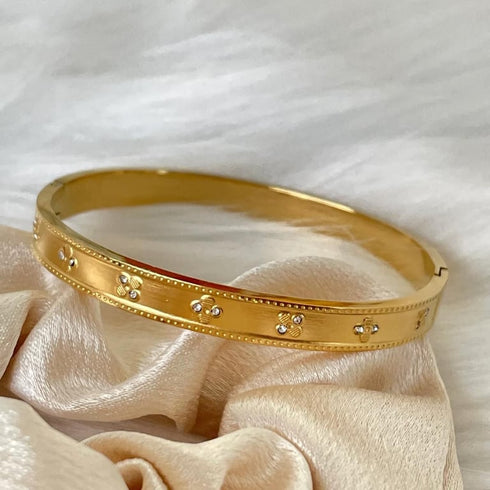 Premium Stainless Steel Slim Stone Handcuff | Gold Minimalist Bangle Bracelet | Premium Designer Cuff for Women | Daily Wear Bracelet