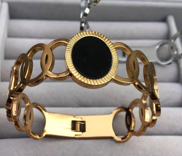 Premium Stainless Steel Black Round Handcuff | Golden Designer Link Bracelet | Premium Statement Cuff for Women | Luxury Bangle