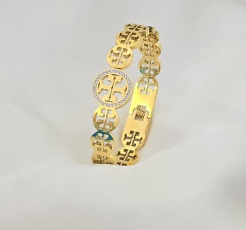 Premium Stainless Steel Clover Designer Handcuff | Golden Stone Statement Bracelet | Premium Luxury Women Bangle | Fashion Jewelry