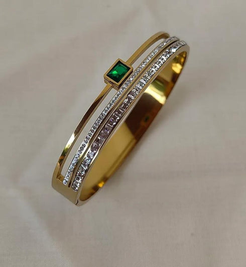 Premium Stainless Steel Green Stone Handcuff | Golden Zircon Slim Bracelet | Premium Elegant Cuff for Women | Fashion Jewelry