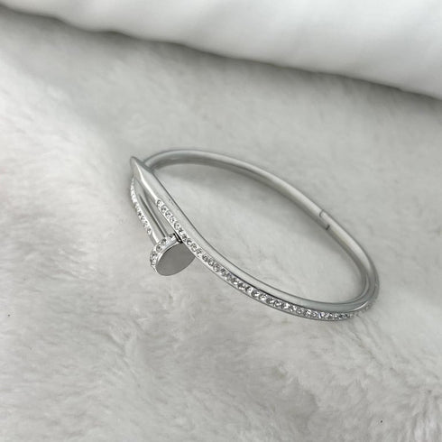 Premium Stainless Steel Nail Stone Handcuff | Silver Zircon Bracelet | Premium Designer Cuff for Women | Modern Bracelet | Fashion Jewelry
