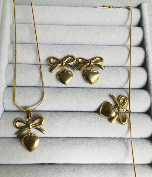 Gold Plated Bow and Heart Jewelry Set | Stainless Steel Premium Necklace and Earrings | Elegant Romantic Gift for Women | Gold Jewelry Set
