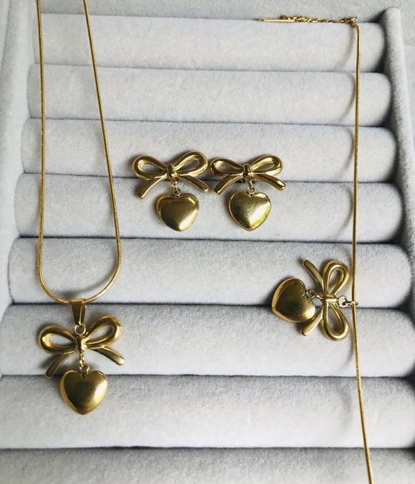 Gold Plated Bow and Heart Jewelry Set | Stainless Steel Premium Necklace and Earrings | Elegant Romantic Gift for Women | Gold Jewelry Set