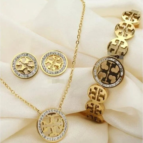 Gold Plated Medallion Necklace Earrings | Bracelet Set for Women | Premium Stainless Steel Crystal Circle Jewelry Gift | Bracelet Set