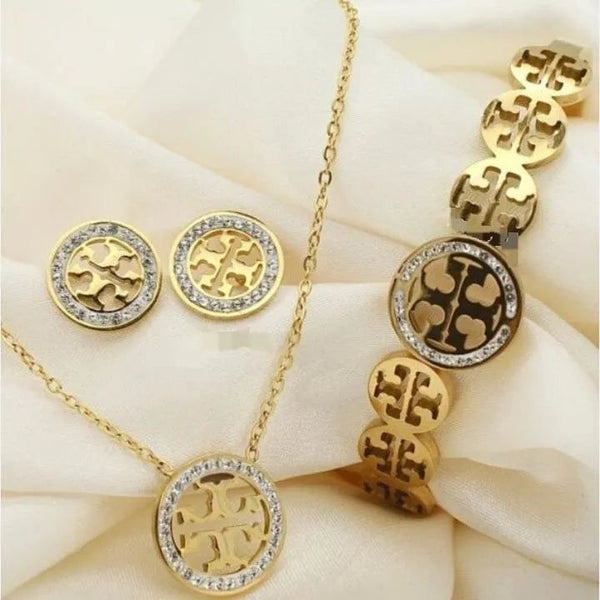 Gold Plated Medallion Necklace Earrings | Bracelet Set for Women | Premium Stainless Steel Crystal Circle Jewelry Gift | Bracelet Set