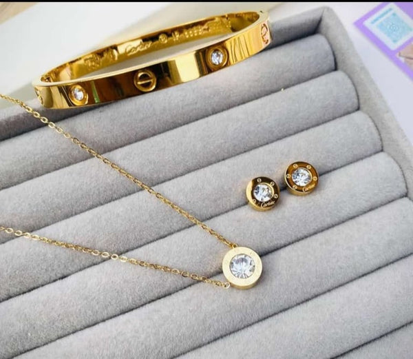 Gold Plated Crystal Pendant Necklace Earrings | Bangle Set for Women | Stainless Steel Minimalist Luxury Jewelry Gift | Luxury Jewelry
