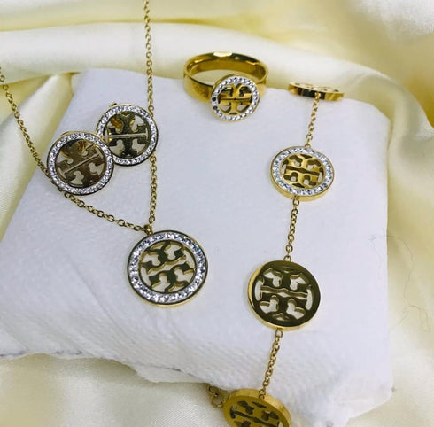 Premium Stainless Steel Medallion Jewelry Set | Gold Plated Round Pendant Necklace Bracelet Earrings | Statement Gift for Women
