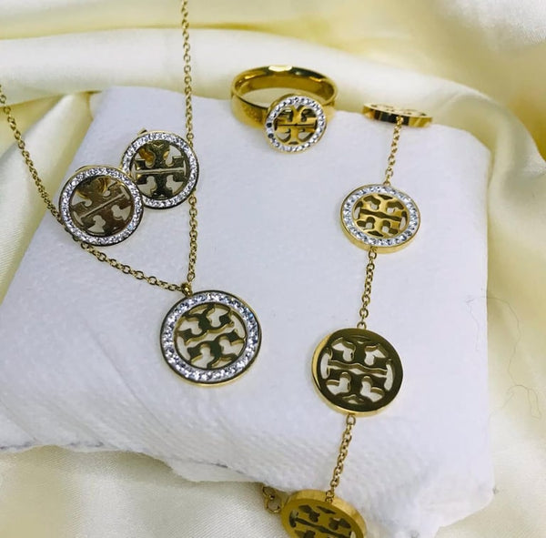 Premium Stainless Steel Medallion Jewelry Set | Gold Plated Round Pendant Necklace Bracelet Earrings | Statement Gift for Women