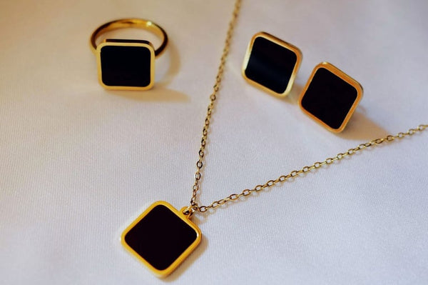 Premium Stainless Steel Square Black Jewelry Set | Gold Plated Necklace Earrings Ring | Minimal Statement Gift | Square Jewelry Set